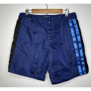 Vintage RLX Polo Sport Men's Blue Nylon Swim Trunks Black Stripe Y2K Shorts 32